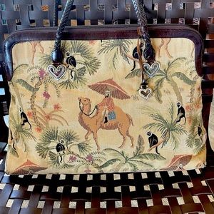 Brighton Vintage Tapestry Camel Monkey Travel Bag with Leather trim